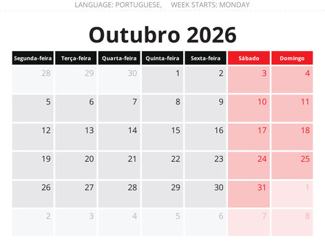 October 2026 Portuguese monthly calendar pages &ndash; Outubro. Vector illustration Portugal