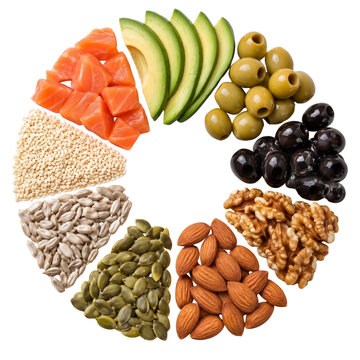 Healthy fat foods with salmon avocado olives nuts and seeds