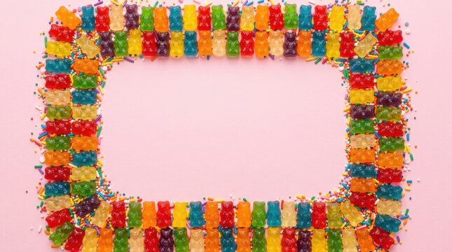 Colorful gummy bear frame on pink background, sweet candy border with sprinkles, vibrant gelatin dessert copy space Black Friday Special
