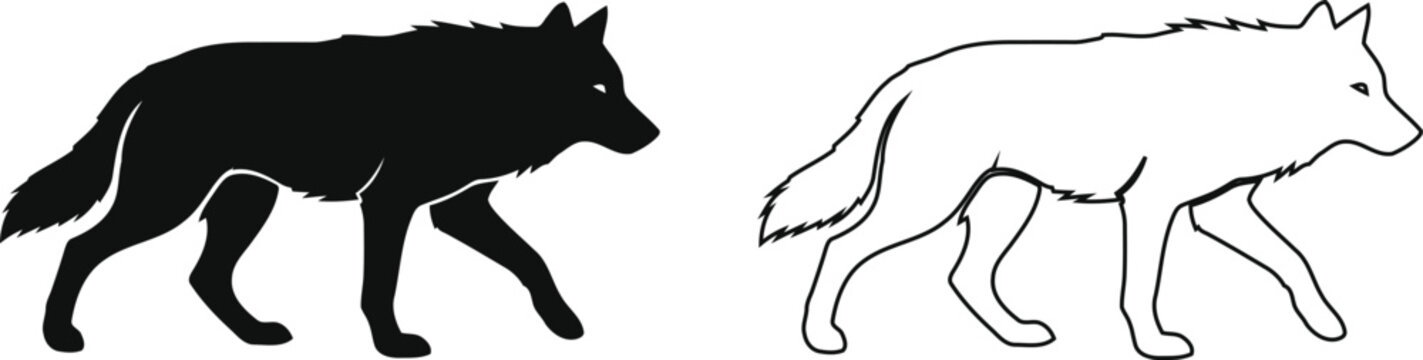 Walking wolf silhouette and outline vector illustration