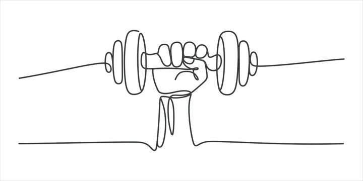 Continuous line drawing of a hand holding a heavy metal dumbbell for fitness training