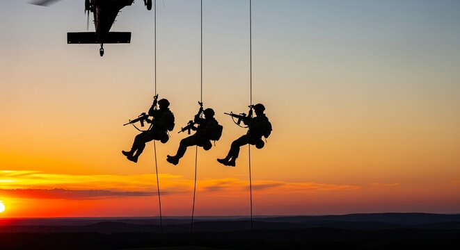 Military special forces soldiers rappelling from helicopter at sunset during dramatic sky