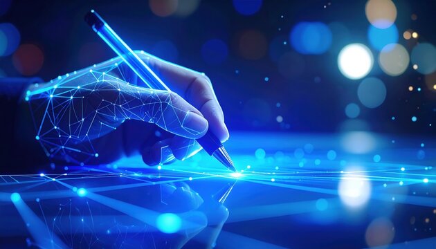 Abstract futuristic hand signing on a digital surface, symbolizing digital identity, contracts, and emerging tech in secure authentication