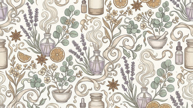 Vintage apothecary and aromatherapy seamless pattern with essential oil bottles lavender citrus and mortar pestle.