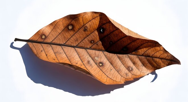 Dry brown leaf with prominent veins isolated on a white background