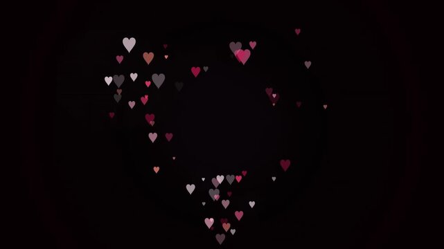 Colorful heart shape frame with floating hearts on black background 4k loop motion background

