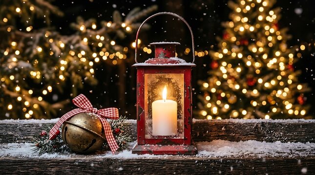 A rustic red lantern with a glowing white candle sits on a snowy wooden surface next to a vintage jingle bell with a checkered ribbon
