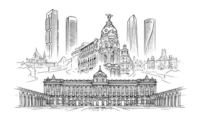 Obraz premium Madrid Historic and Modern Skyline Royal Palace Metropolis Cuatro Torres Vector