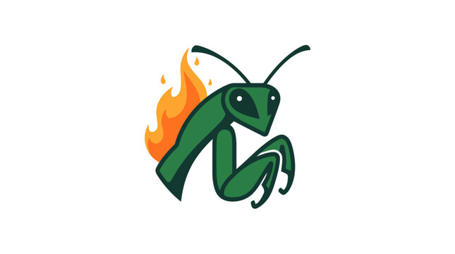 Praying mantis illustration with fire on white background.