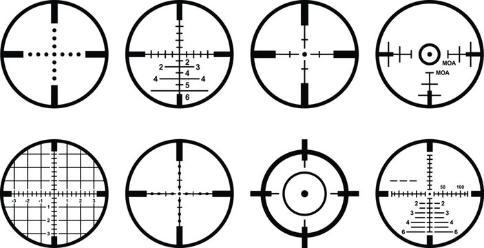 Collection of sniper crosshairs, military gun reticles, and optical target sight scope icons on white background