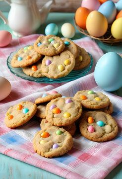 Easter celebration and spring holiday baking, homemade cookies with colorful candy pieces and dyed eggs on a rustic kitchen table for festive family treats