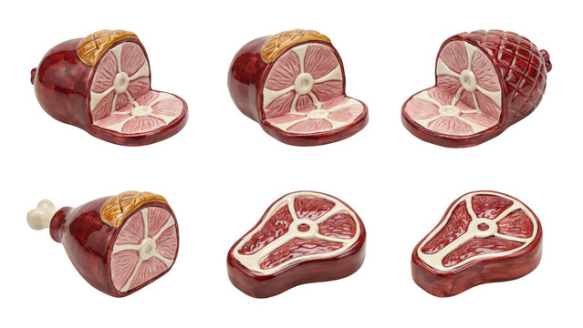 Ceramic ham and steak meat figurines arranged in a grid pattern isolated on a transparent background