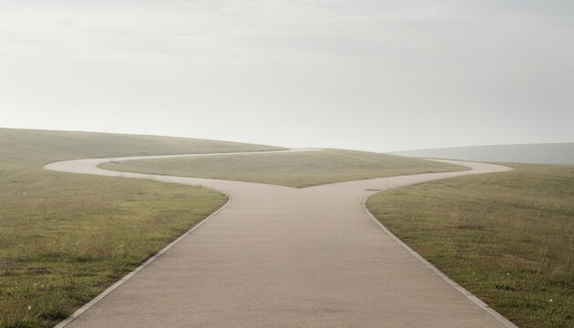 Crossroads of Decision: A winding path splits into two distinct routes amidst a serene, misty landscape, symbolizing choices, uncertainty, and the journey of life.