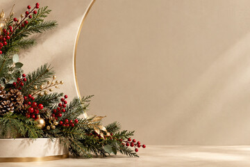 Fototapeta premium Elegant Christmas Podium Background with Golden Arch Fir Branches and Red Berries