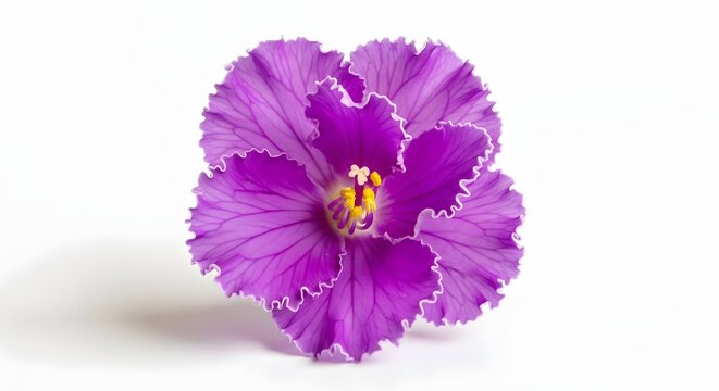 Vibrant purple african violet flower with intricate petals on white background