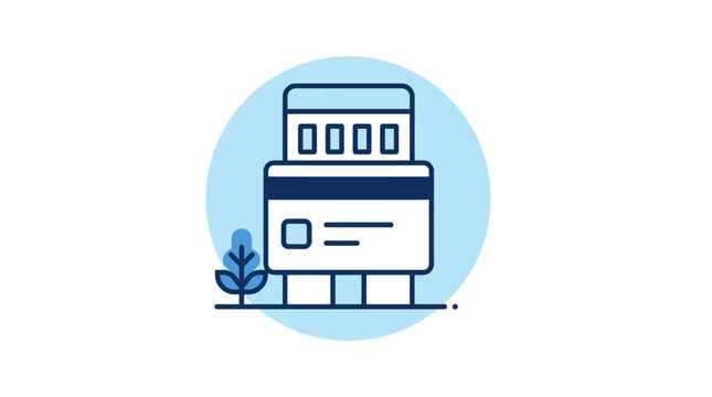 Credit card reader terminal icon on blue circle background.