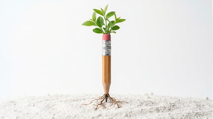 Wooden pencil with growing roots and green leaves sprouting, conceptual 3D render representing knowledge growth and creative development.