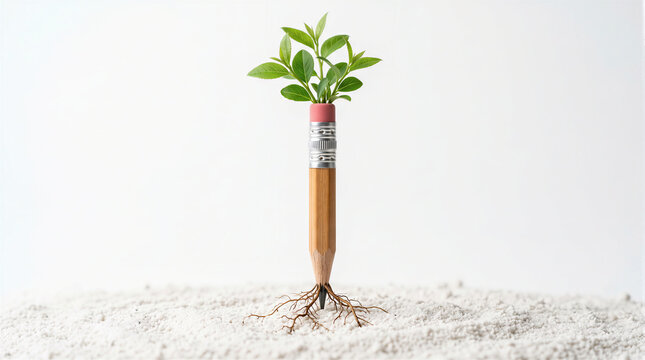 Wooden pencil with growing roots and green leaves sprouting, conceptual 3D render representing knowledge growth and creative development.