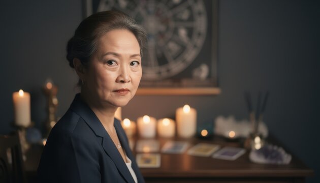 Fortune Teller's Gaze: An enigmatic older woman, with a wise and knowing expression, sits in a dimly lit room adorned with mystic symbols and illuminated by candlelight.