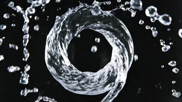Dynamic water splash forming a circular shape on black background