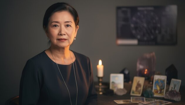 Tarot Card Reader's Mystic Aura: An experienced Asian woman, with a calm and knowing gaze, sits beside a table adorned with tarot cards, crystals, and a lit candle.