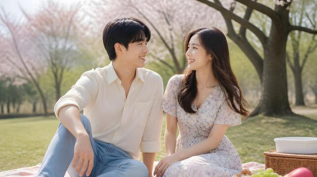 Couple Smiling Warmly While Sitting on Picnic Blanket Outdoors