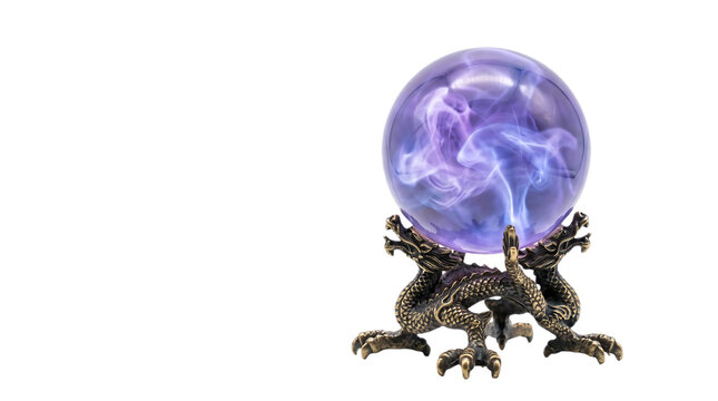 Purple crystal ball on dragon stand isolated on white background