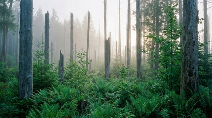 Fototapeta premium Atmospheric scene of fog-draped forest with tall, weathered trees.