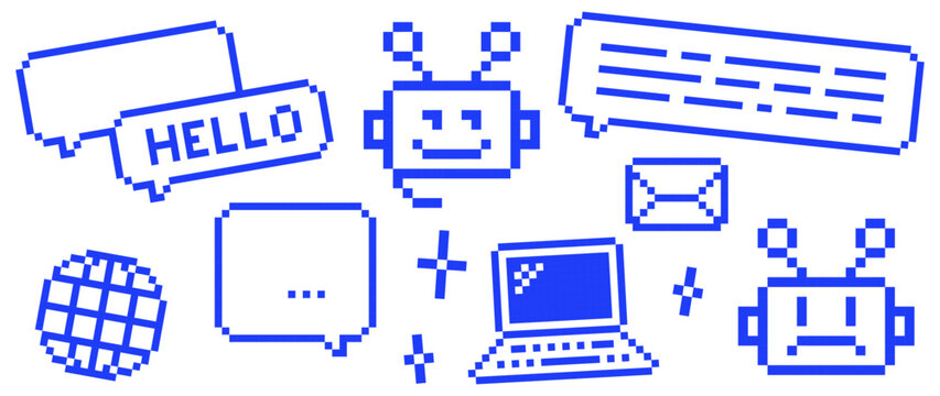 Pixel art AI robot with chat bubbles, laptop, email, cloud, Earth globe and cursor icons. Retro technology blue vector elements set for artificial intelligence, digital communication