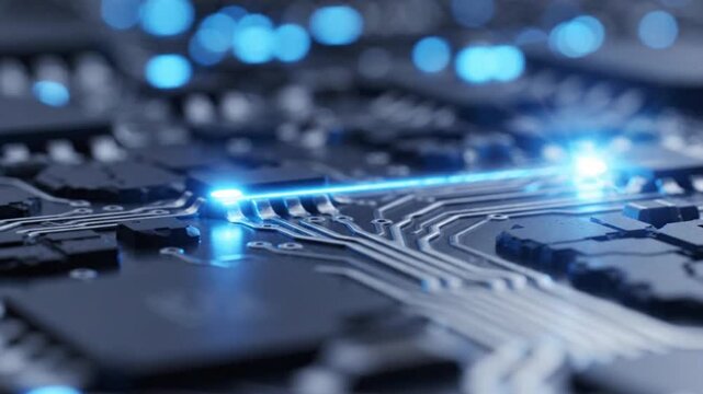 Glowing blue data pulses traveling through microchip circuits on a motherboard within this high speed digital motion video loop animation