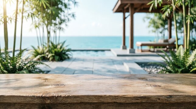 Wooden Table Top with Ocean View and Bamboo Garden for Web Design