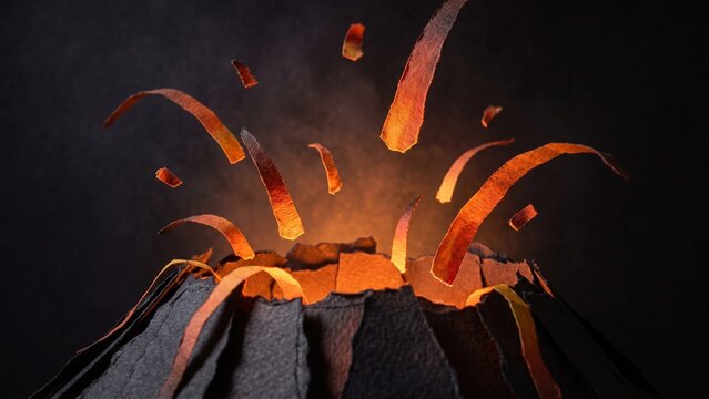 Creative paper craft volcano eruption featuring glowing orange lava and flying debris on dark background.