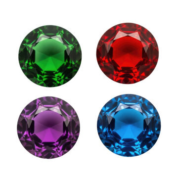 Four vibrant, faceted gemstones in green, red, purple, and blue displayed against a pristine white background