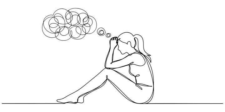 Simple black and white line drawing of a person thinking with a thought bubble above their head representing ideas and imagination for creative design projects and brainstorming concepts