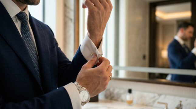 Man buttoning cufflink on white shirt sleeve, wearing dark suit and watch.