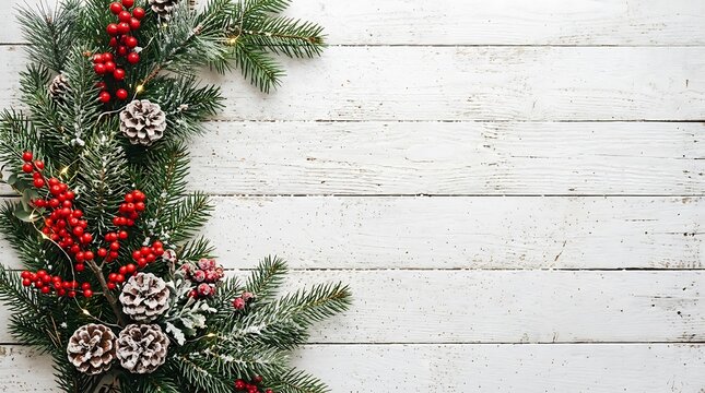 Christmas wreath border with pine branches, red berries, and pinecones on a rustic white wooden background