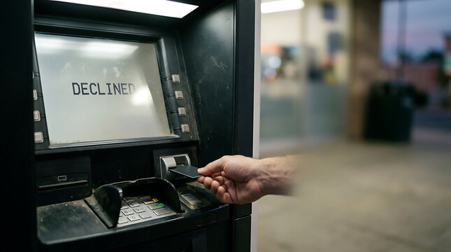 ATM screen showing declined message as person uses debit card during failed financial transaction