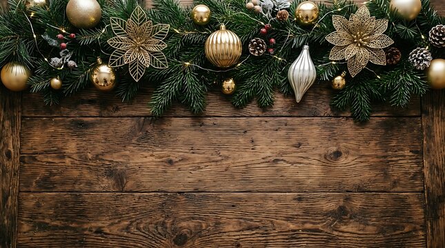 Christmas festive garland with golden ornaments, pine cones, and poinsettia flowers arranged on a rustic dark wooden background, top view with copy space