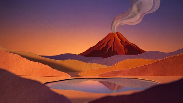 A papercraft volcano eruption landscape featuring a smoking mountain and lake reflection at sunset.