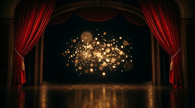 A theatrical stage with rich red velvet curtains pulled back to reveal a dark background filled with glowing golden bokeh lights and a polished wooden floor