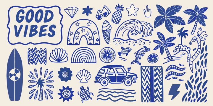 A collection of vibrant blue summer themed illustrations depicts surfboards seashells and tropical foliage surfboard seashell pineapple coconut palmleaves turtle wave rainbow van