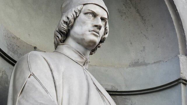 Leon Battista Alberti Marble Statue Three Quarter Portrait in Florence - Dramatic Low Angle View at Uffizi Gallery