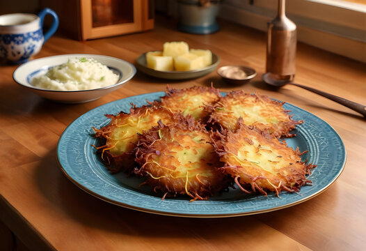 Traditional potato pancakes, homemade comfort food and rustic cuisine, crispy fried latkes served on a blue plate with mashed potatoes on wooden table
