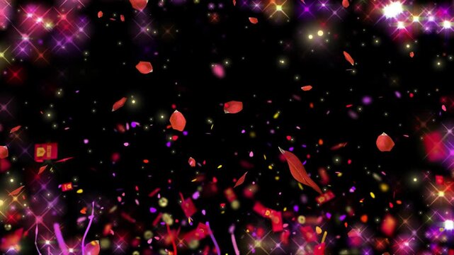 Red envelopes and colorful confetti falling against a dark background with twinkling light effects