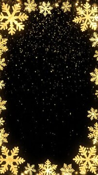 Golden glowing snowflake border on black background for holiday designs