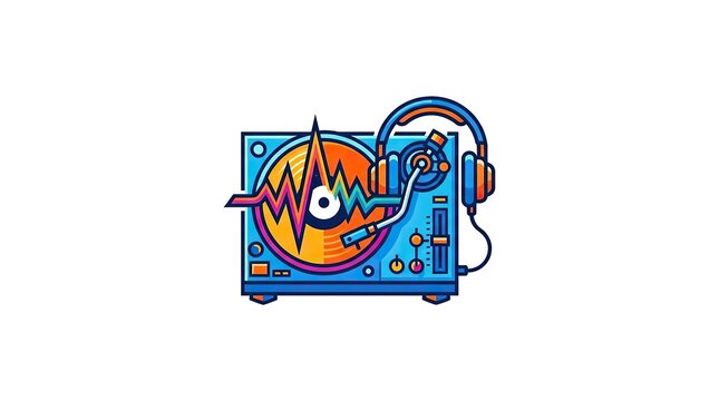 DJ turntable with headphones and sound wave graphic vector logo design