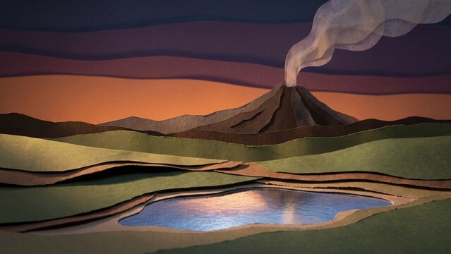 Paper art nature landscape of a volcano eruption mountain and lake at sunset.