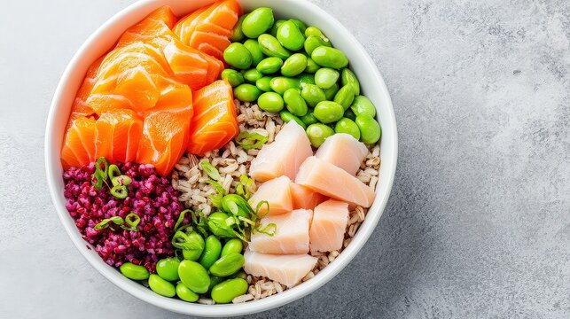 A colorful poke bowl with fresh salmon, edamame, purple rice, and green onions arranged over a bed of mixed grains on a gray surface.