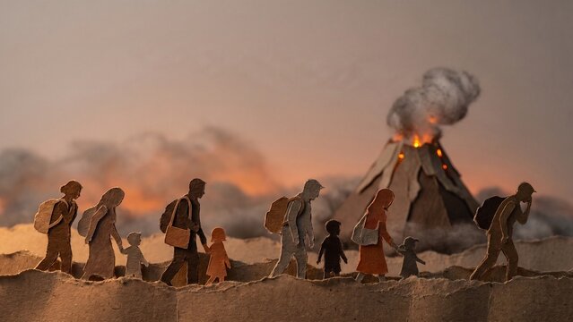 Volcano eruption evacuation scene featuring paper cutout silhouettes of refugees and families migrating from a disaster.