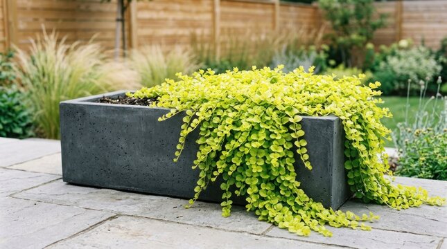 A green plant in a concrete planter on a stone patio.